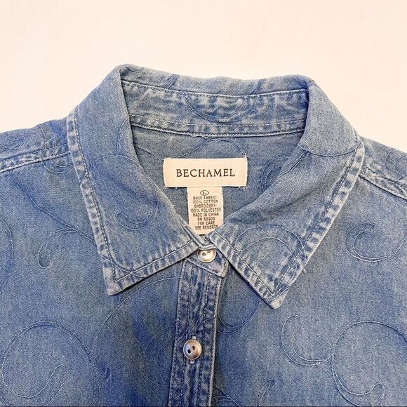 Vintage Denim Cropped Embroidered Filigree Button Down Top Size Large - Picture 3 of 6